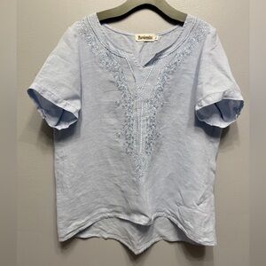 Mordenmiss 100% Linen Light Blue Embroidered Blouse
